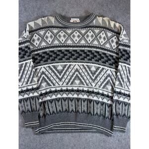 Vintage 80s Sears Roebuck Sweater Mens Gray Black Geometric Aztec Pullover Large